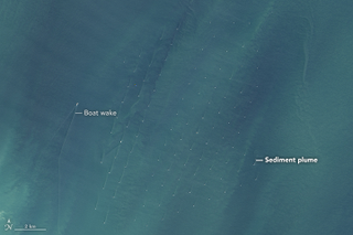 Sediment plumes and a boat wake at the Greater Gabbard wind farm in the North Atlantic.